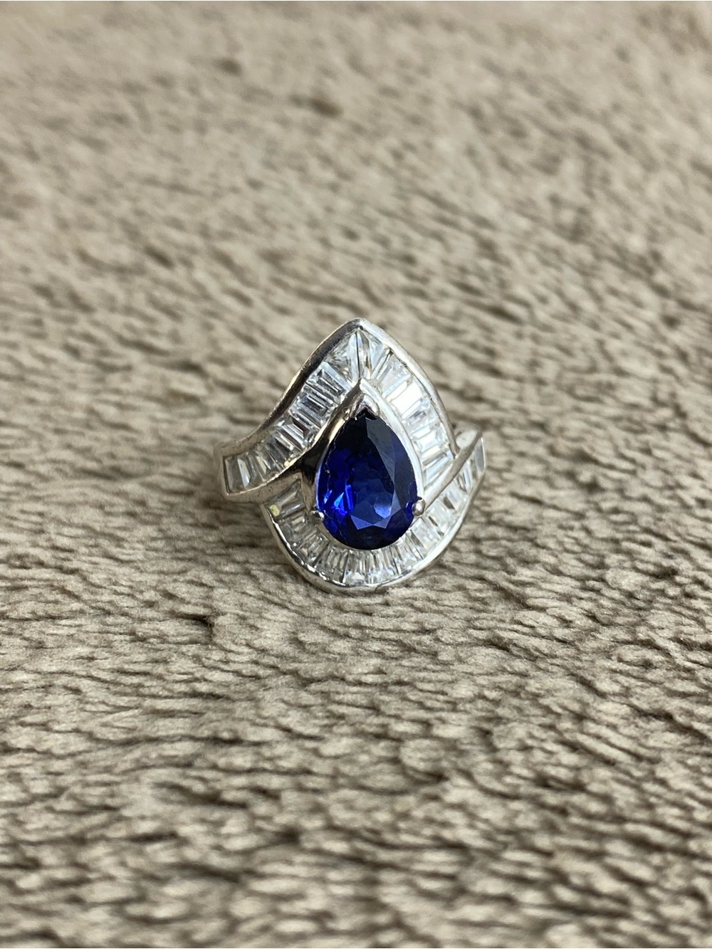 Pear Cut Synthetic Sapphire in Baguette Cut "Diamond" Setting Ring